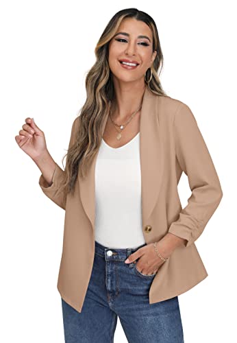 Onlystory Womens Blazer Jackets For Women 3/4 Ruched Sleeve Work Casual Lightweight Blazer With Pockets Khaki-14 #TOP3