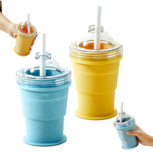 Image of 2026 New Foldable Silicone Ice Ball Drink Cup, 2-In-1 Collapsible Tumbler With Built-In Ice Ball Mold, Reusable Portable Ice Sphere Mold With Straw & Lid, Easy Demolding, For Home (2pcs)
