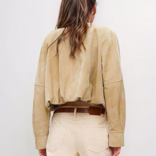 Xunger Women's Faux Suede Button Jacket Oversized Gathered Hem Short Length Coat Casual Vintage Outerwear with Pockets4