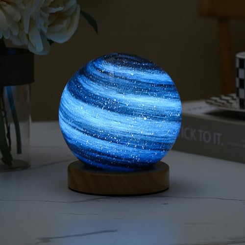 Image of Glass Planet Desk Lamp, 12cm 3-Color Changing LED Globe on Wood Stand USB Powered Table Night Light for Office Home Decor Birthday Gift(5V)