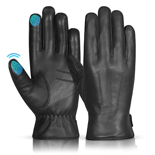 Hand Fellow Mens Fashion Driving Black Leather Gloves Wool Cashmere Lining Fleece Touch Screen Compatible Outdoor Leather Driving Gloves Winter Warm Leather Glove (Original Black Large)