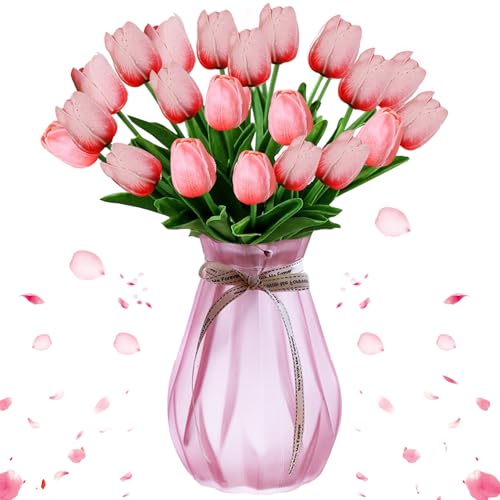 Tulipani Artificiali, 12 Pezzi Fiori Finti di Tulipani, Artificiale Tulipani in Lattice, Artificiali Tulipani con Foglie, for Matrimonio, Festa, Composizioni Floreali, Bouquet da Sposa (Rosa)
