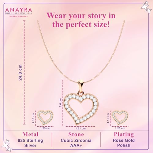 Image of 925 Sterling Silver Rose Gold Plated Pendant Set for Women | Heart & Floral Design Necklace with Matching Earrings | Elegant Jewellery Gift for Girls, Wife, Girlfriend