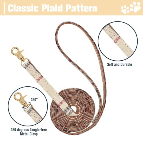 EXPAWLORER-Dog-Collar-and-Leash-Set-Embroidery-Pawprints-Plaid-Dog-Collar-and-Dog-Leash-No-Free-Bow-Tie-and-Bandana-Dog-Collar-with-Bell-Adorable-Collar-and-Leash-for-Dogs-Cats-Outdoor-Walking