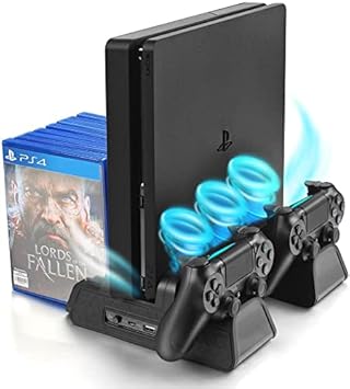 Vertical Stand for PS4/PS4 Slim/PS4 Pro - Cooling Fan with PS4 Charger Controller Charging Station with Game Storage (Black)