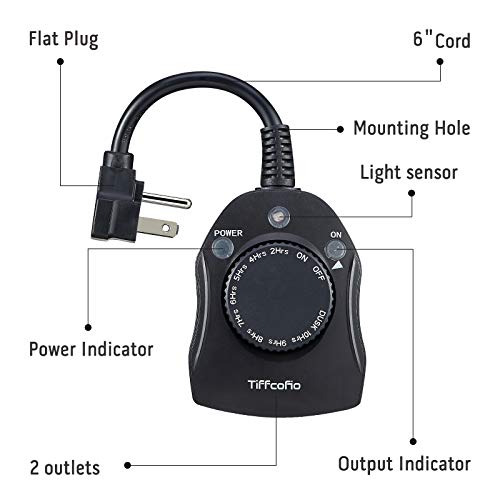 TiFFCOFiO Outdoor Timer Outlet, Dusk to Dawn Light Sensor Timer Weatherproof, 2 Grounded Outlets for Halloween and Christmas Lights, 15A 1/2HP, ETL Listed by Tiffcofio - Image 7