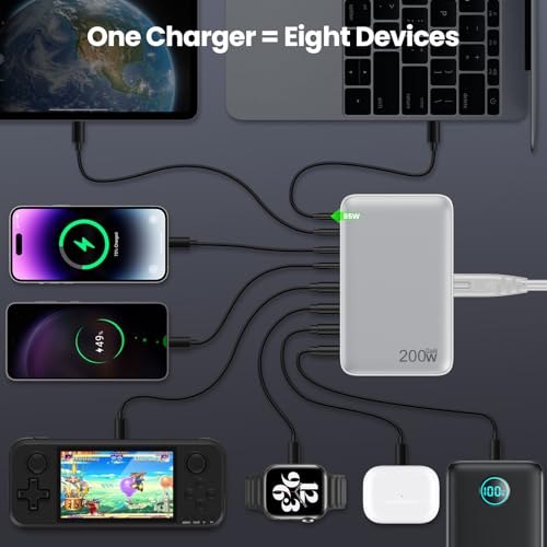 200W Caricatore USB C Multiplo, GaN III 8-Port 65W Laptop Caricabatterie PPS PD QC Alimentatore USB C Multipla Stazione di Ricarica mit USB A per MacBook Air/Pro Laptop iPhone Samsung SteamDeck-Bianco
