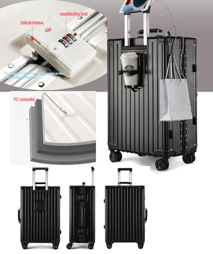 Carry on Suitcase Cable Suitcase Zipperless Multi Functional Travel Case Medium 4 Wheels Aluminum Frame Trolley Case,Black,24in2