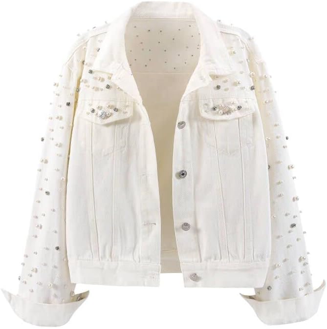 LifeShe Women's Pearls Denim Jacket Cropped Rhinestones Jean Jacket Coat