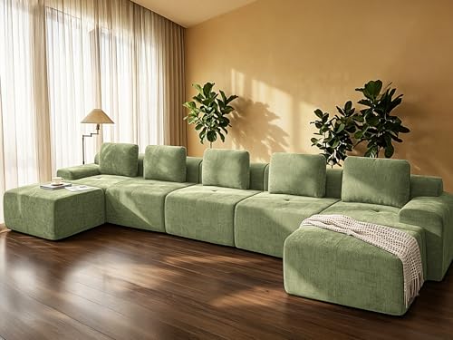 Image of 196 inch U Shaped Oversized Boneless Couch, Comfort Cloud Sectional Couches for Living Room, Modular Sofa High Back & Extra Deep Seat, No Assembly, Chenille (Olive Green, 196 inch-U Shaped(5+2))