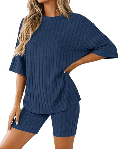 KIRUNDO Short Sets For Women Summer 2 Piece Matching Lounge Sets Casual Rib Knit Tshirts Biker Shorts Beach Vacation Outfits (Blue, Small)