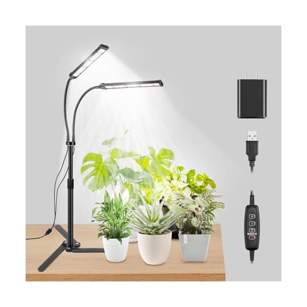 Grow Lights for Indoor Plants, Full Spectrum LED Tabletop Plant Lights for Indoor Growing, Dual-Head Gooseneck Plant Lamp with 5 Dimmable & Auto On/Off 4/8/12/18H Timer, Height Adjustable 9.8-25”