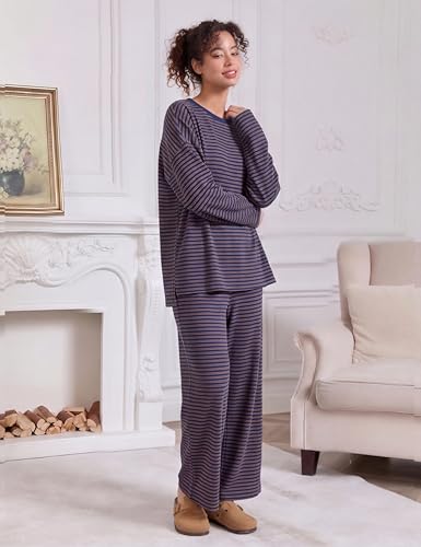 Image of MISSACTIVER Women's 2 Piece Striped Lounge Set Long Sleeve Oversized T-Shirt Wide Leg Pants Matching Pajamas Set