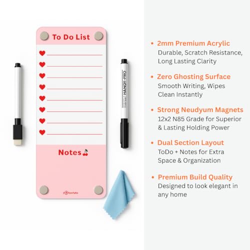 Image of Magnetic Fridge Board - ToDo List | 24x10 cm| Planner for Kitchen,Office,Home | Reusable Shopping List Board, Menu & Reminders - Pink