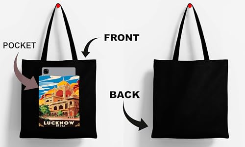 Image of ZORI Black Tote Bag With Pocket Printed Designed Canvas Tote Bags For Women large capacity,Tote bag For Shopping, College, Travel, More Canvas Handbag For Unisex Bag