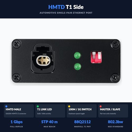 BUELEC 100/1000Base-T1-TX-HMTD Automotive Ethernet Media Converter - 100/1000BASE-T1 to TX Adapter, Marvell 88Q2112 & Realtek RTL8211FI Phy, HMTD Connector, Industrial Grade Type-C/DC Power
