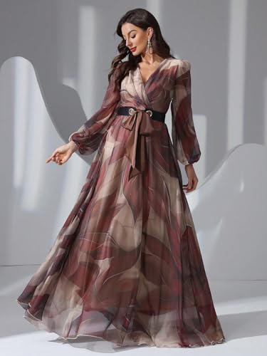 Image of TOLEEN Summer Casual Dresses for Women 2024 Spring Fashion Boho V Neck Long Sleeve Ruffle Floral Print Elegant Maxi Dress