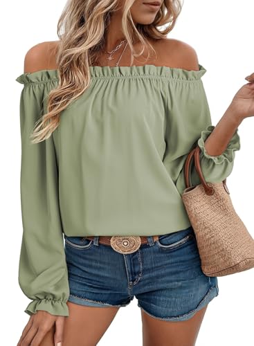 EVALESS Off the Shoulder Tops for Women Blouses Dressy Casual,Light Green,L