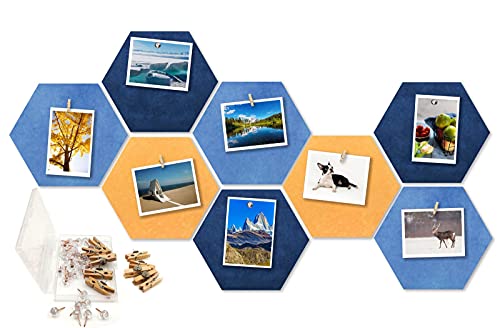 Ommda Pinnwände Modern 8 Stück Pinnwand Hexagon Filz Pin Board Groß 30x26x1cm Gelb Blau Marine mit 30 Stück Roségold Pinnnadeln und 10 Stück holz Push Pin Clips DIY Dekoration für Wand Cover