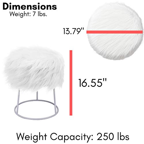 Birdrock Home Round White Faux Fur Foot Stool Storage Ottoman With Silver Legs - Vanity Chair - Soft Compact Padded Seat - Bedroom And Kids Room Chair - Metal - Fluffy Makeup Seat #TOP3