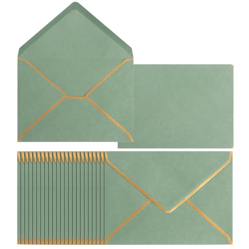 50 Pack A6 Envelopes Sage Green 4x6 Self-Adhesive V Flap Envelopes with Gold Border for Office, Greeting Card, Wedding, Graduation, Baby Shower, Parties, Invitations (Sage Green, 4x6)