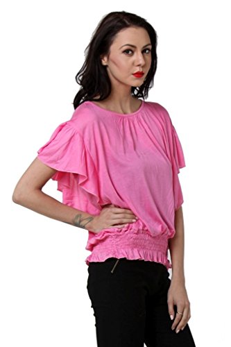Image of Teemoods Women's Short Sleeve Blouson Top - Round Neck, Elastic Waist, Loose Fit Viscose Summer Top for Women