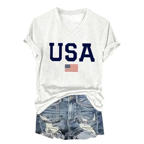 American Flag T Shirt Women USA Star Stripes Fourth July Tee Shirts Casual Short Sleeve America Flag Print V Neck Tee Tops Plus Size(White,M)