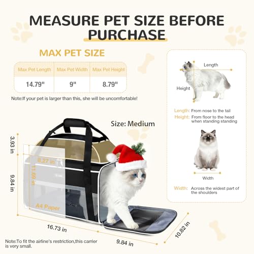 Lekereise Top-Expandable Pet Carrier 17x11x9.5 Inch Alaska TSA Airline Approved Soft Sided Underseat Up to 12lbs Travel Carriers for Small Cats and Dogs with Locking Safety Zippers Anti-Scratch Mesh