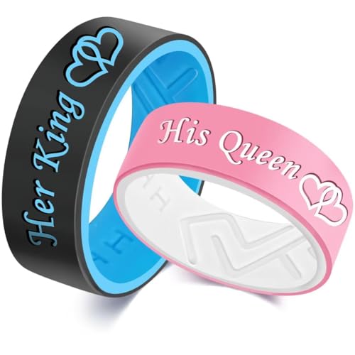 XAHH Silicone Couple Ring,Her King His Queen Lovers Ring,Engagement Wedding Bands,Anniversary Promise Love Heart Ring,Black Blue Pink Tone3