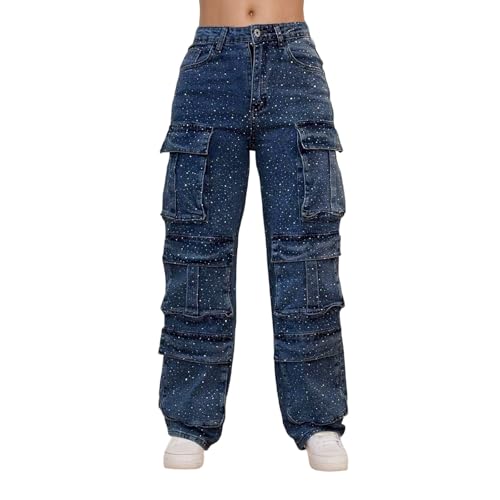 Pantalon en jean décontracté streetwear orné de strass brillants uniques