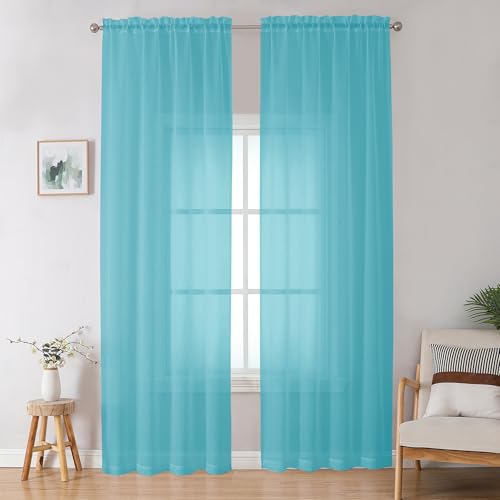 Image of OWENIE Aqua Sheer Curtains for Bedroom Living Room 96 Inches Long 2 Panels Set, Soft Solid Light Filtering Clear Sheer Ceiling to Floor for Large Window, 2Pcs, Each 42 inch W x 96 inch L, Aqua