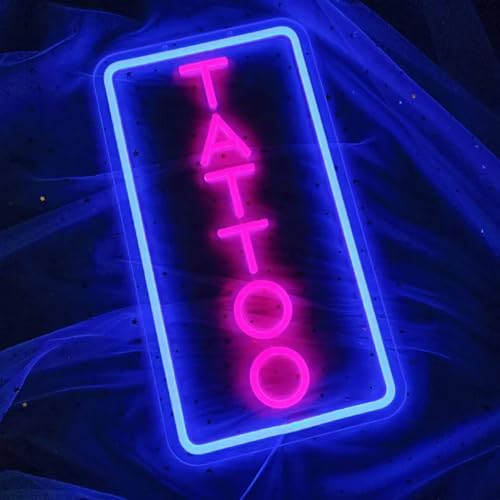 Image of Neon Tattoo Light,LED Arylic Tattoo Neon Sign for Tattoo Shop Door Wall Light up Decor,Reusable and Dimmable Tattoo Gifts for Tattoo Lover,Tattoo Decor Shop Sign Open,16x9In(Blue+Pink Tattoo)
