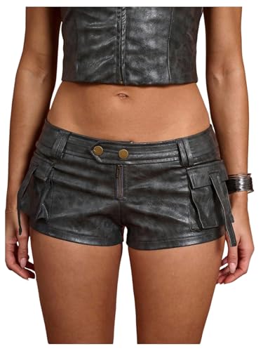 WDIRARA Womens Faux Leather Skinny Micro Shorts Y2k Low Rise Cargo Shorts Party Rave Clubwear Dark Grey Large