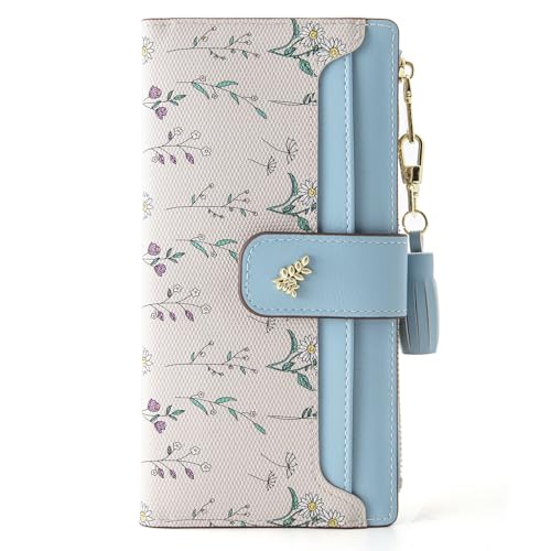 Stylifeo Womens Slim Bifold Wallet RFID Blocking PU Leather Floral (Blue)