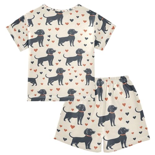 ALAZA Black Puppy Dog Love Heart Pajamas Set Short Sleeve Cotton Sleepwear Summer Pjs 2 Piece 5-14Y2