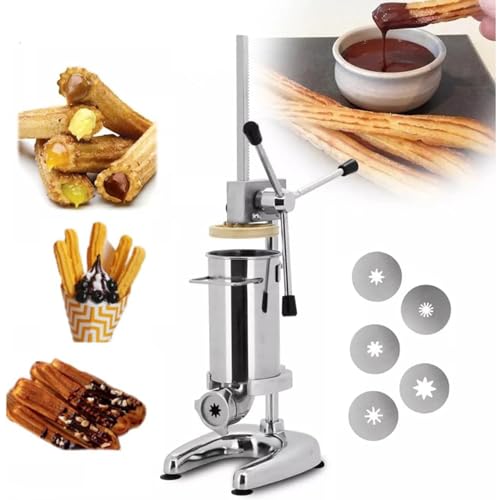 Image of Commercial Churro Maker, 2L/3L Manual Spanish Donut Churrera Churro Maker Machine with 5 Molds, Stainless Steel Vertical Spanish Churrera Machine, Churros Filling Machine Snack Equipment (Color : 3L