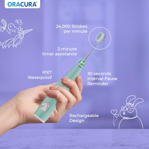 Image of ORACURA KSB200 Kids Sonic Electric Rechargeable Toothbrush, 3-10 Years, 24,000 strokes /min, With 3 Modes, IPX7 Waterproof, Smart 2-Min Timer, Rechargeable Lithium Battery, LED & Colorful Lights (Green)