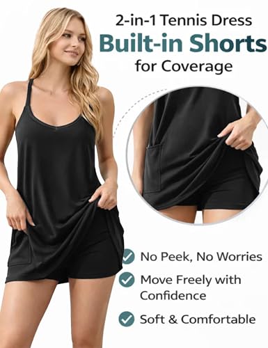 Image of Womens Athletic Sundress with Built-in Shorts Golf Tennis Romper | Sleeveless Mini Spaghetti Strap dress Functional side pockets tummy-friendly fit casual beach vacation