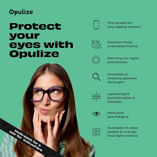 Image of OPULIZE ERA Blue Light Blocking Reading Glasses for Women & Men-UV400 Protection-Oversized Frame-Computer and Screen Glasses-Black Clear-+1.00(Pack 2 of with 2 Pouches)