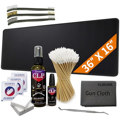 FLIDUKK Large Mat(36"x 16")+ 5oz Universal CLP Oil Gun Cleaning Kits (Needle+Spray),Gun Cleaning Supplies with Patches, 6-inch Swabs,Gun Brushes,Cleaning Picks,Gun Cloth,Gloves,Cleaning Pad ﻿