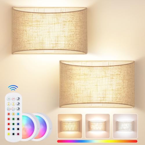 Battery Operated Wall Sconces Set of Two, Dimmable Wireless Wall Lamps with Remote, 15 Colors & Timer, Not Hardwired Wall Lights with Cream Fabric Shade for Rooms Wall Decor, 2 Magnetic Bulbs Included