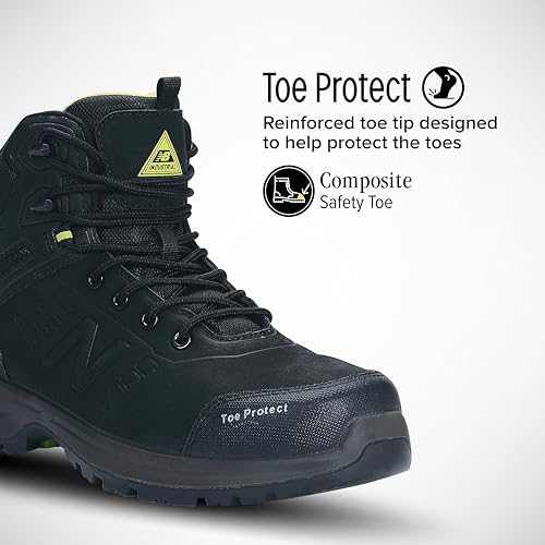 New Balance Calibre Composite Toe Work Boots for Men - EH, PR, Non-Slip Leather Safety Shoes for Industrial & Construction, Black, 12 Wide