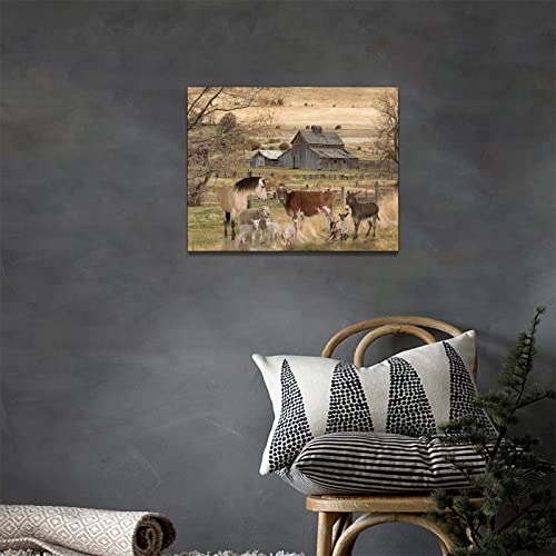 Farm Animal Wall Art Country Rustic Old Barn Pictures Wall Decor Canvas Print Farmhouse Western Landscape Painting Home Artwork For Bathroom Living Room Bedroom Office Framed 16"X12" #TOP2