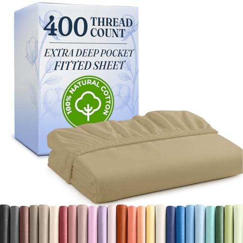Spannbettlaken für Doppelbett, XL-Baumwolle, Fadenzahl 400, Baumwoll-Bettlaken für Doppelbett, Größe XL, Einzelbett-Spannbetttuch, knackige Baumwolle, nur ein Spannbetttuch (Twin XL, Beige)
