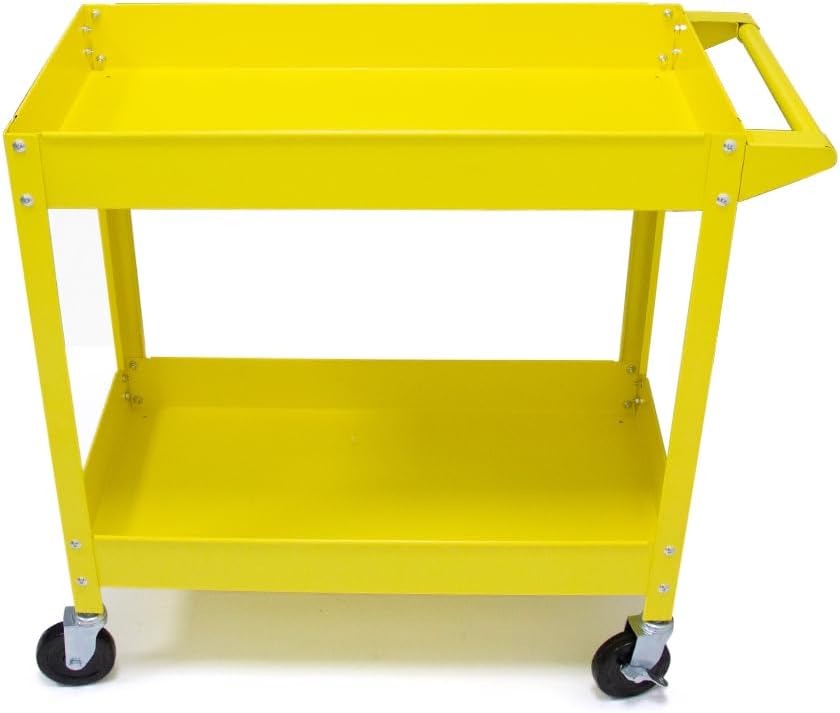 Heavy Duty 2-Tier Rolling Tool Cart with Dual Brakes - 32 x 14 Inch Metal Utility Cart, 300 lb Capacity, Mobile Service Cart for Garage, Workshop, Warehouse & Office (Yellow)