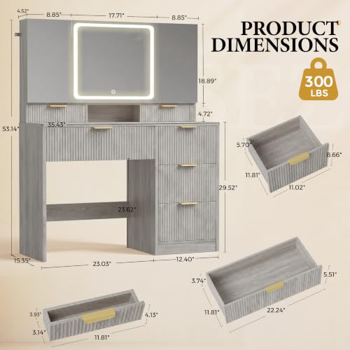 Image of COMHOMA Vanity Desk with 3-Way Mirror and Lights, Makeup Vanity with 360 View Mirror, 3 Lighting Modes, 6 Drawers,Storage Cabinet Fluted Wood Vanity Table with Jewelry Hook for Women Girls Gray