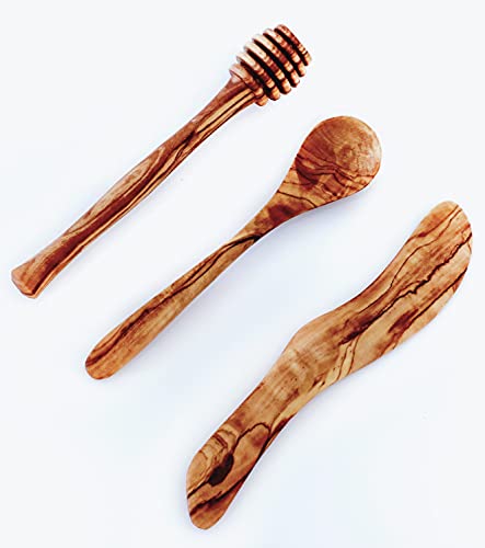 Carthage Trade Gallery - Set d'Ustensiles de Petit-déjeuner en Bois d'Olivier - Longueur: 15 cm - Une Cuillère à Miel, Un Couteau à Beurre et Une Cuillère à Confiture - Fabriqué à la Main Cover