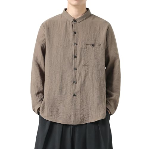 Chemise en chanvre homme style chinois à col double et manches longues coupe ample décontractée