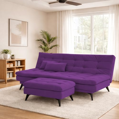 Image of Krancy Solid Wood 3 Seater Sofa Cum Bed with Ottomon | Convertible Wooden Couch for Living Room, Home & Office | Modern Designer Furniture | 1 Year Warranty | Purple Color