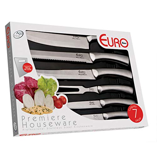 Conjunto de Facas, 7 Peças (5 facas, 1 tábua, 1 garfo), Inox, , Euro Home